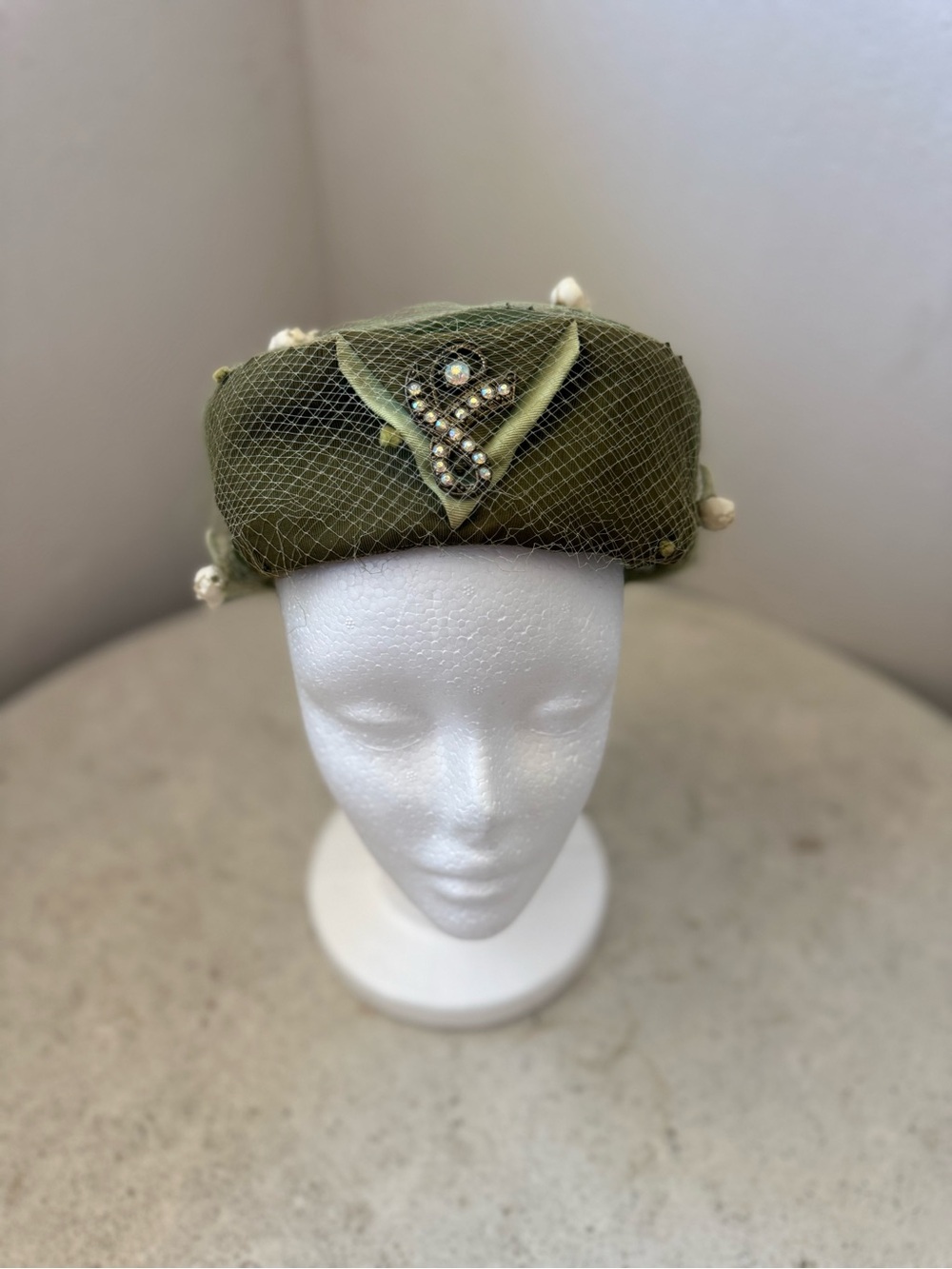 Olive Green Beaded Veil Pillbox Hat